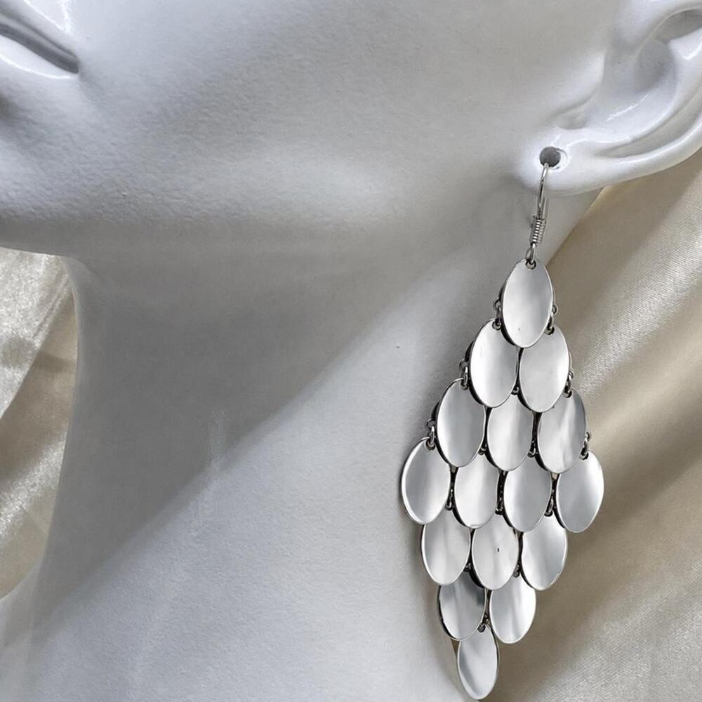 Vintage Silver Mermaid Disc Cascade Earrings Long Chandelier Waterfall Dangles